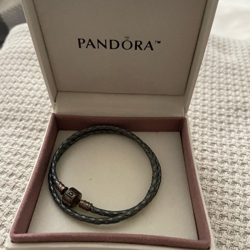 Pandora Double Braided Grey Leather Bracelet with Clasp